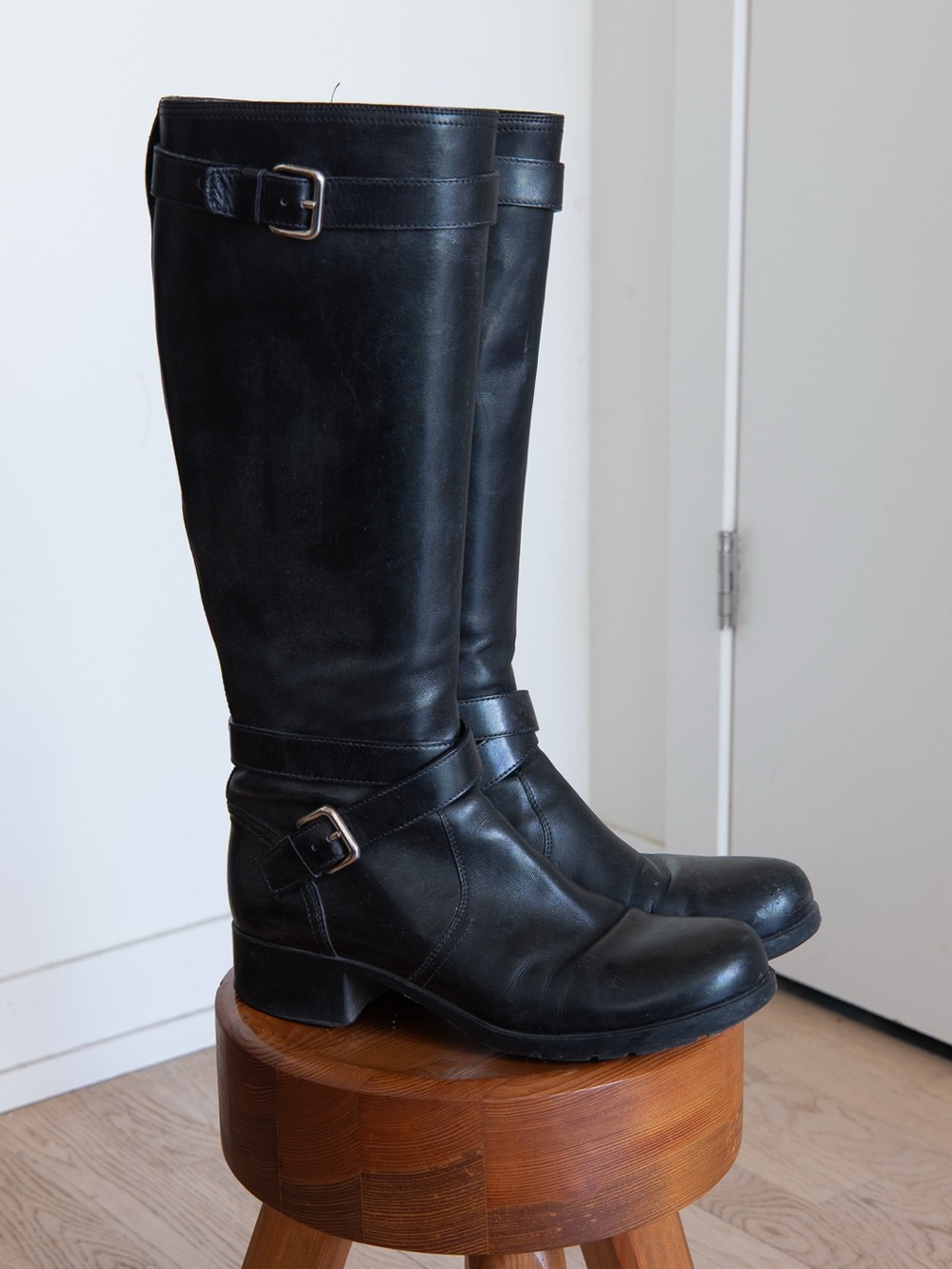Prada Black Leather Knee-High Buckle Boots
